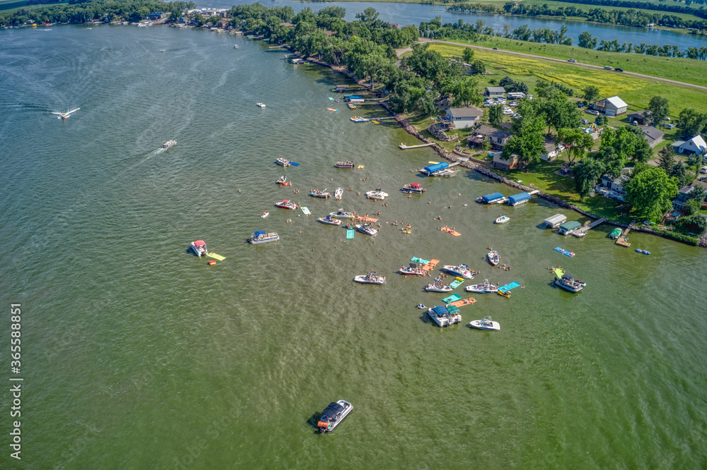 An aerial view of boats on Lake Madison near Madison, South Dakota, with the Adobe Stock preview watermark