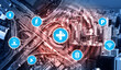 © InfiniteFlow - Smart transport technology concept for future car traffic on road . Virtual intelligent system makes digital information analysis to connect data of vehicle on city street . Futuristic innovation .