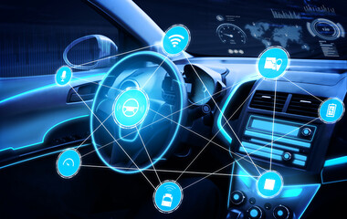 Driverless car interior with futuristic dashboard for autonomous control system . Inside view of cockpit HUD technology using AI artificial intelligence sensor to drive car without people driver .