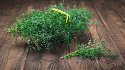 Fresh green dill in a metal basket on a rustic table.