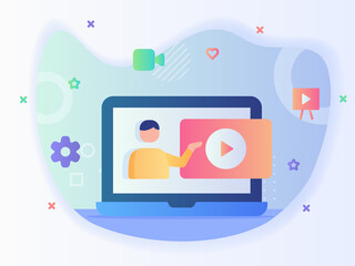 Wall Mural - man give tutorial video online in laptop screen concept mentoring video course with flat style.