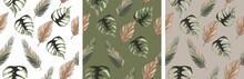 Flowers Pattern Of Tropical Leaves. Monstera. Orchid. Palm. Cactuses. White Green Burgundy Beige