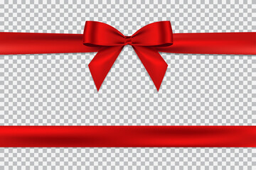 Wall Mural - Red bow and horizontal ribbon realistic shiny satin with shadow for decorate your greeting card or website vector EPS10 isolated on transparent background.