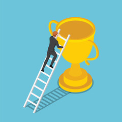 Poster - Isometric businessman climbs up ladder to the trophy