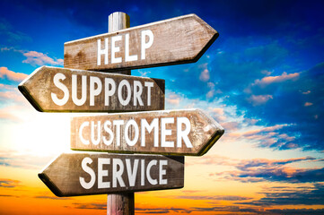 Poster - Help, support, customer, service - wooden signpost, roadsign with four arrows