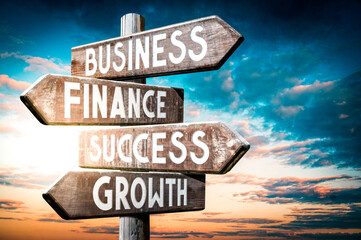 Sticker - Business, finance, success, growth - wooden signpost, roadsign with four arrows