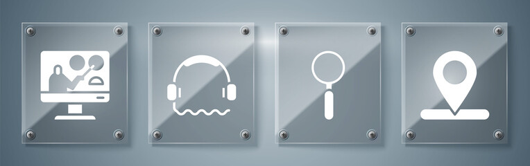 Sticker - Set Location, Magnifying glass, Headphones and Online education. Square glass panels. Vector.