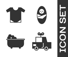 Canvas Print - Set Toy car, Baby onesie, Baby bathtub and Newborn baby infant swaddled icon. Vector.