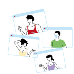 Sticker - people with masks communicating by video call