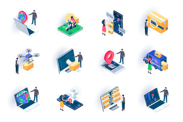 Aufkleber - Delivery service isometric icons set. Global logistics, warehousing and distribution flat vector illustration. Courier delivery, online route tracking 3d isometry pictograms with people characters.