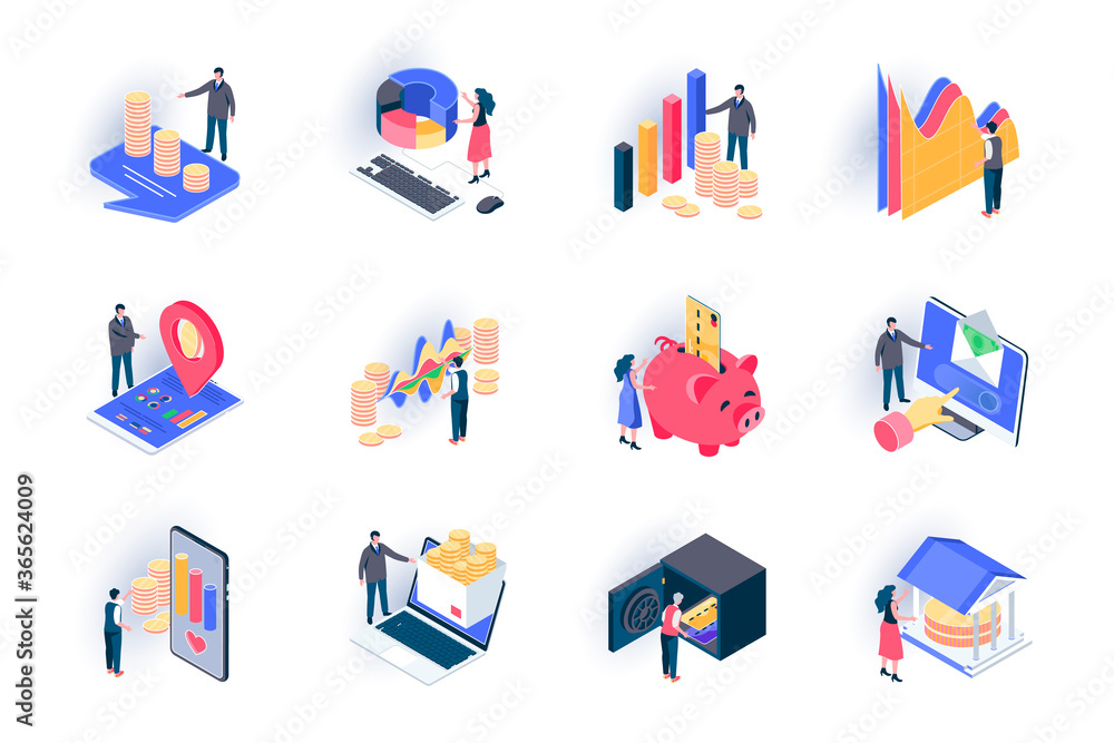 Finance isometric icons set. Stock trading, capital investment flat vector illustration. Financial transaction, bank account, money income and payment 3d isometry pictograms with people characters. - obrazy, fototapety, plakaty 