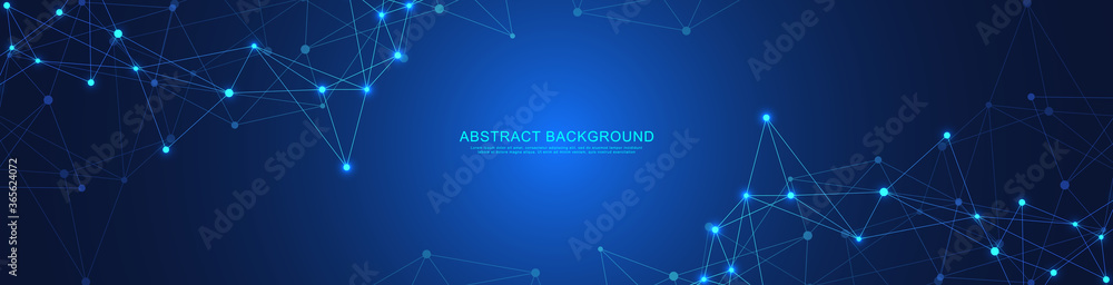 Website header or banner design with abstract geometric background and connecting dots and lines. Global network connection. Digital technology with plexus background and space for your text. - obrazy, fototapety, plakaty 