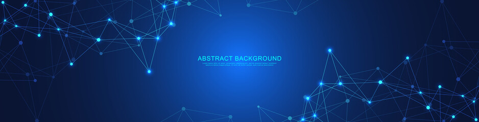 Website header or banner design with abstract geometric background and connecting dots and lines. Global network connection. Digital technology with plexus background and space for your text.