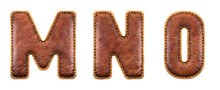 Set Of Leather Letters M, N, O Uppercase. 3D Render Font With Skin Texture Isolated On White Background.