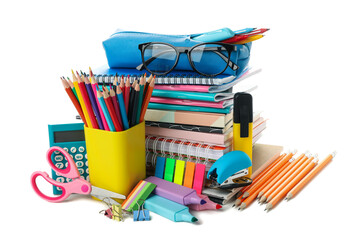 Different school supplies isolated on white background