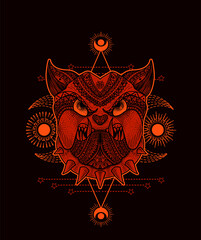 Wall Mural - Illustration vector Dog head mandala tribal style with sacred geometry on black background.