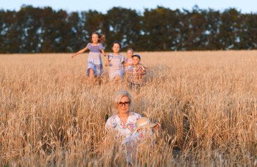 Wall Mural - chuildren running to grandmother in wheat