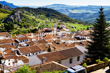 Aerial view of white city (pueblo blanco) Grazalema in Andalusia, Spain in Europe.