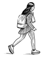 Sticker - Sketch of casual student girl with backpack walking outdoors