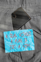 Wall Mural - Text sign showing A Goal Without A Plan Is Just A Wish. Business photo showcasing Focused structured and organized Small little wallet inside man trousers front pocket near notation paper