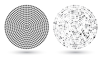 abstract background with dotted circles. halftone dots design. one color and one size in left figure and random colors and sizes in right.