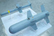 Tactical Air-to-ground Missiles Designed For Military Unmanned Aerial Vehicles Placed On A Stand, Made In Turkey