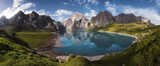 Fototapeta  - Panoramic pictures of the beautiful natural scenery, snow-capped mountains and lakes of the Tianshan Mountains in Xinjiang, China.