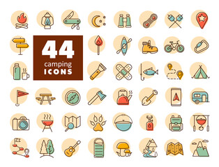 Camping, Hiking and Outdoor Activities icons set