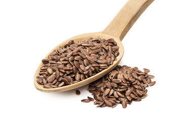 Wall Mural - Close up of linseed or flax seeds on a wooden spoon with a pile next to it seen from the front and isolated on white background