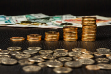 Wall Mural - russian money coins and paper rubles lying on the table