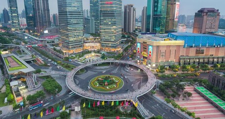 Sticker - time lapse of shanghai cityscape in twilight, aerial view of pudong downtown and sightseeing pedestrian bridge, China