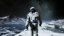 The Astronaut Is Walking On A New Unknown Snow Planet Under Alien Constellations And Nebulae. Animation For Fantasy, Futuristic Or Space Travel Backgrounds. 3D Rendering