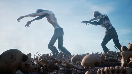 Zombies walk and crawl forward on human bones through smoke and fog. The concept of the zombie-apocalypse. 3D Rendering