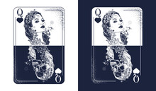 Queen Playing Card Tattoo And T-shirt Design. Gothic Symbol Of Gamblings, Tarot Cards, Success And Defeat, Casino, Poker. Black And White Vector Graphics