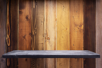 Poster - wooden book shelf at board  background