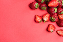 Tasty Ripe Strawberries On Red Background, Flat Lay. Space For Text