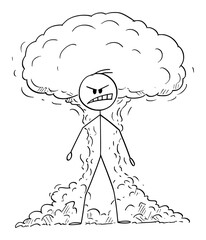 Wall Mural - Vector cartoon stick figure drawing conceptual illustration of furious, angry raging man expressing his emotion with atomic or nuclear explosion on background.