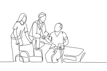 Sticker - One single line drawing of young male doctor helping old patient get to wheelchair from hospital bed. Trendy medical health care service concept continuous line draw design vector graphic illustration
