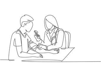 Wall Mural - One continuous single line drawing of young female doctor check the patient's blood pressure and pulse rate at hospital. Medical check up healthcare concept single line draw design vector illustration