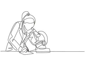 One continuous line drawing of female scientist researching antibiotic formula using microscope to find covid vaccine. Coronavirus medical research concept single line draw design vector illustration