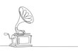One continuous line drawing of old retro analog gramophone with vinyl desk. Antique vintage music player concept. Musical instrument single graphic line draw design vector illustration