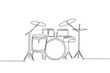 One single line drawing of drum band set. Percussion music instruments concept. Trendy continuous line draw design graphic vector illustration