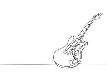 Wall Mural - Single continuous line drawing of electric guitar. Stringed music instruments concept. Modern one line draw graphic design vector illustration