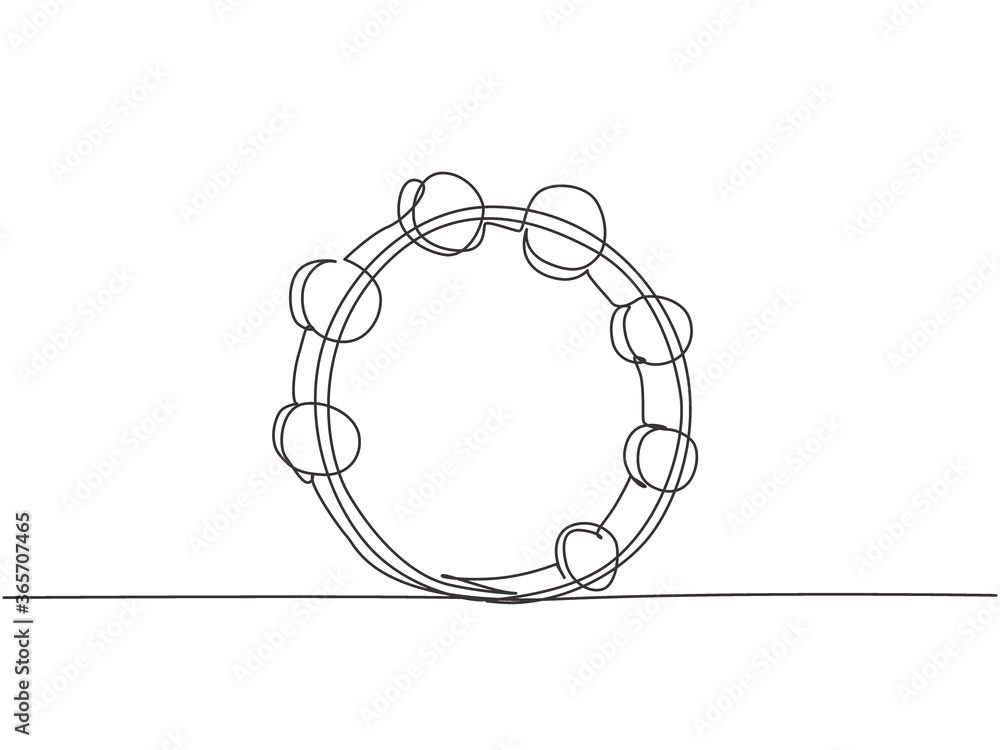 One continuous line drawing of round circle tambourine. Dynamic ...