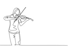 One Continuous Line Drawing Of Young Happy Female Violinist Performing To Play Violin On Music Festival Concert. Musician Artist Performance Concept Single Line Draw Design Graphic Vector Illustration