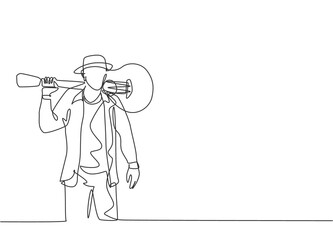 Wall Mural - One single line drawing of young happy male guitarist standing while put the guitar on his shoulder. Trendy musician artist performance concept continuous line graphic draw design vector illustration