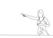One continuous line drawing of young happy female singer hold microphone and invite audience to sing on music concert. Musician artist performance concept single line draw design vector illustration