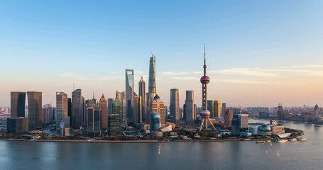 Fototapete - dusk scene in shanghai, time lapse of beautiful pudong financial center and huangpu river in sunset, China.