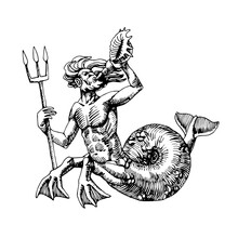 Triton, An Ancient Greek God Of The Deep Sea With A Trident, For Diving Logo Or Emblem, Engraving, Sketch, Vector Illustration With Black Ink Lines Isolated On A White Background In A Hand Drawn Style