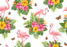 Seamless Pattern With Pink Flamingo, Butterflies And Tropical Flowers.  Vector Illustration.